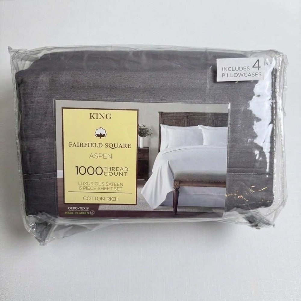 Fairfield Square Aspen King Sheet Set 1000 TC Grey 6 Piece Sateen Cotton Rich
